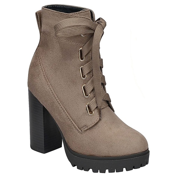 Shoes - New Taupe Lace Up Chunky Heel Combat Ankle Boots